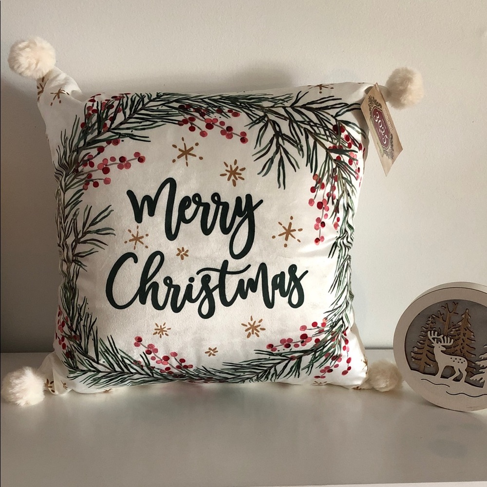 Festive Merry Christmas Pillow with Green and Red Accents & Pom Pom details NWT